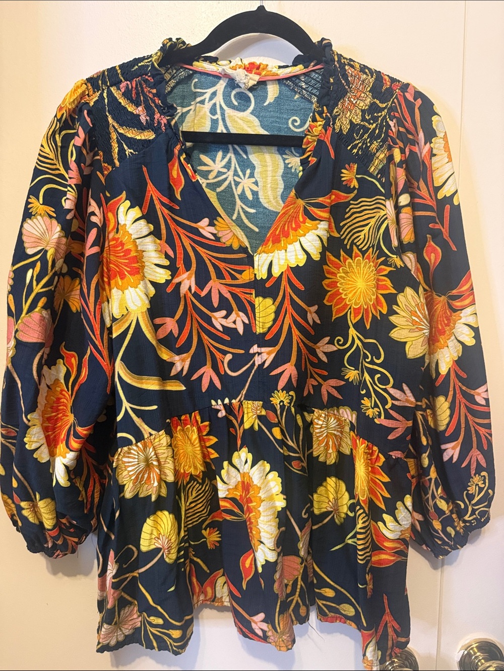Floral Peasant Blouse in Navy with Yellow & Pink Floral Print